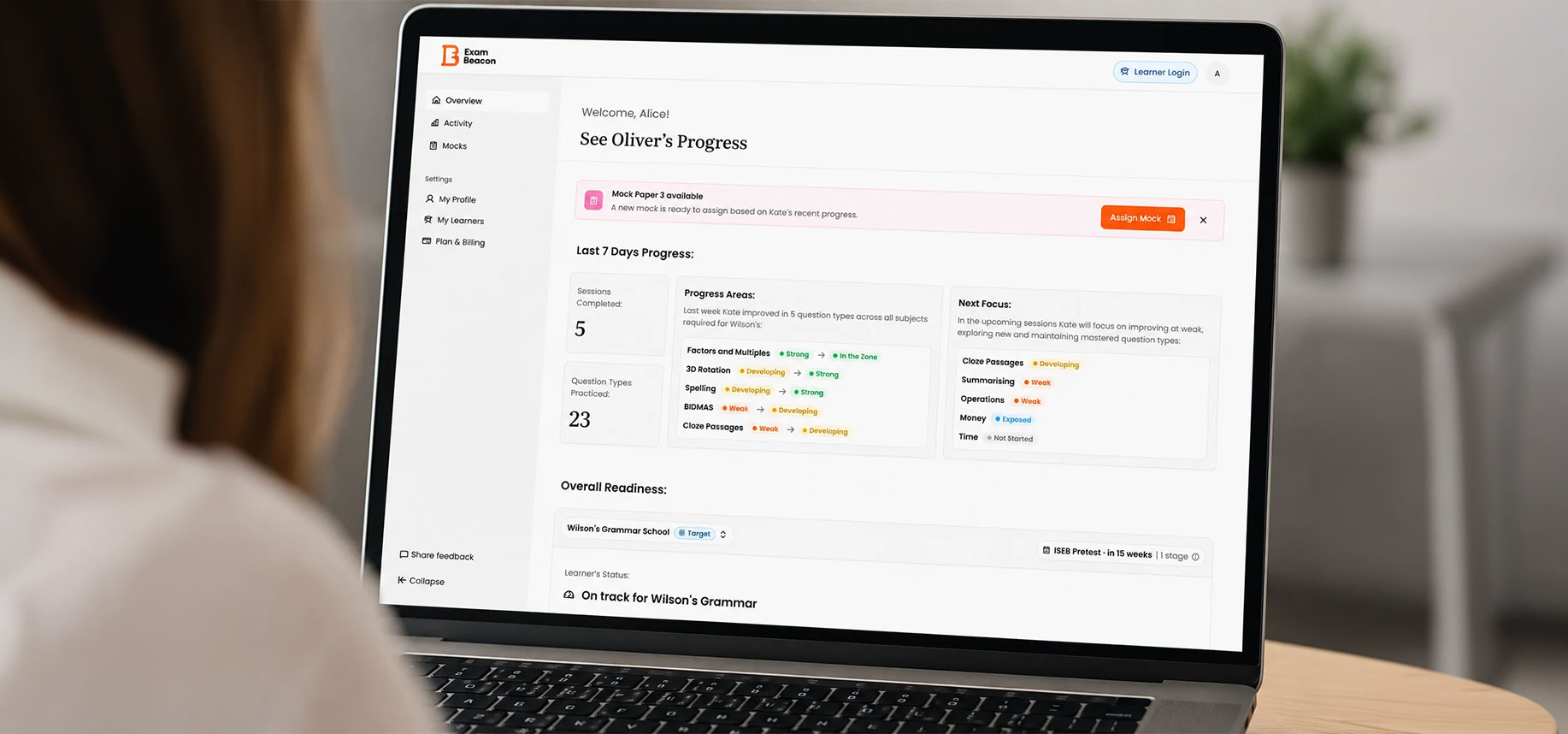 The Exam Beacon parent dashboard, showing progress by subject